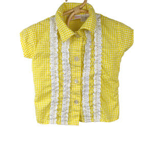 Vintage KidZone Baby Girls Yellow White Gingham Ruffle Eyelet Shirt Blouse Sz 12